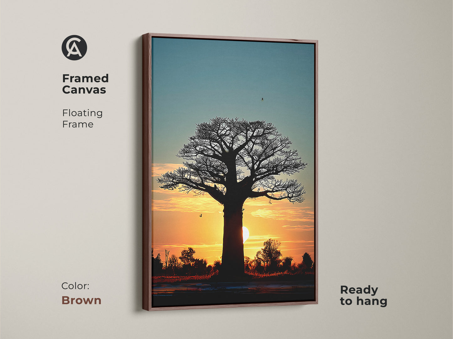 Brown framed canvas print of a sunset baobab tree. This Africa inspired artwork is ready to hang. The warm tones complement the minimalist landscape art. A perfect wanderlust gift idea for travelers.