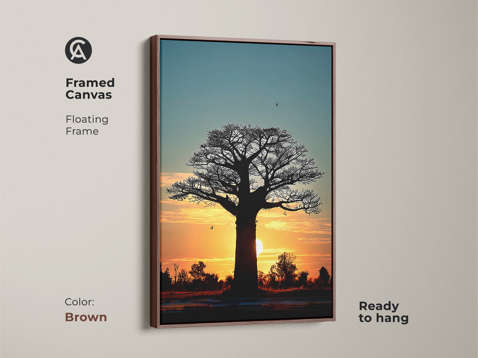 Brown framed canvas print of a sunset baobab tree. This Africa inspired artwork is ready to hang. The warm tones complement the minimalist landscape art. A perfect wanderlust gift idea for travelers.