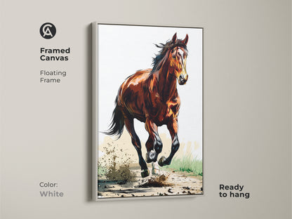 Framed canvas print of a galloping horse in white. This sienna brown horse art offers a clean rustic look. The animal action artwork is ready to hang. Great bedroom decor for horse lovers. It's a stylish country style wall decor.