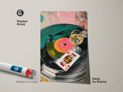 Poster print of abstract vinyl record art. It features a King of Hearts card. Teal green pink and gold give an eclectic feel. This easy-to-frame print is perfect for music lovers. Add a unique touch to your wall decor with this colorful painting.