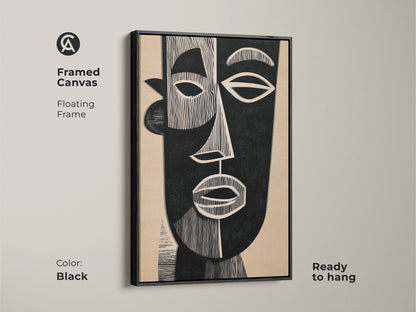 Add modern elegance with this framed black canvas featuring an abstract face. The Bauhaus-inspired art showcases a minimalist design. The black frame enhances the black and beige palette. This figurative portrait is ready to hang. Its perfect for a modern home office or entryway wall.