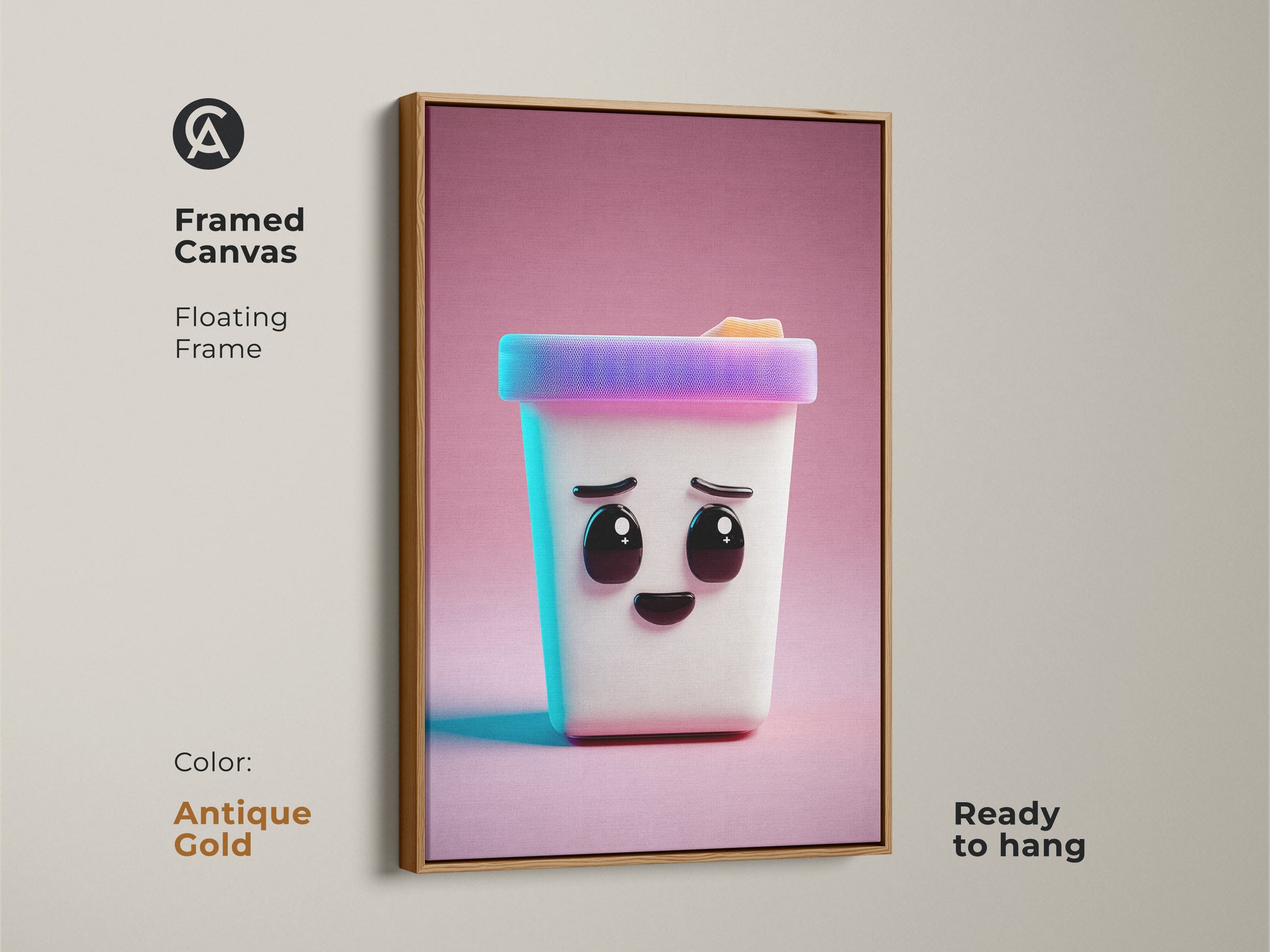This framed canvas art print features a cute Kawaii ice cream cone character. This kids' wall art piece is rendered in a modern abstract style. The antique gold floating frame is ready to hang and makes a unique birthday gift.