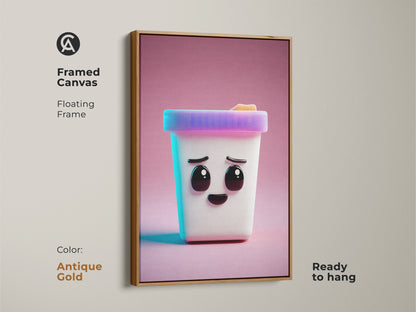 This framed canvas art print features a cute Kawaii ice cream cone character. This kids' wall art piece is rendered in a modern abstract style. The antique gold floating frame is ready to hang and makes a unique birthday gift.