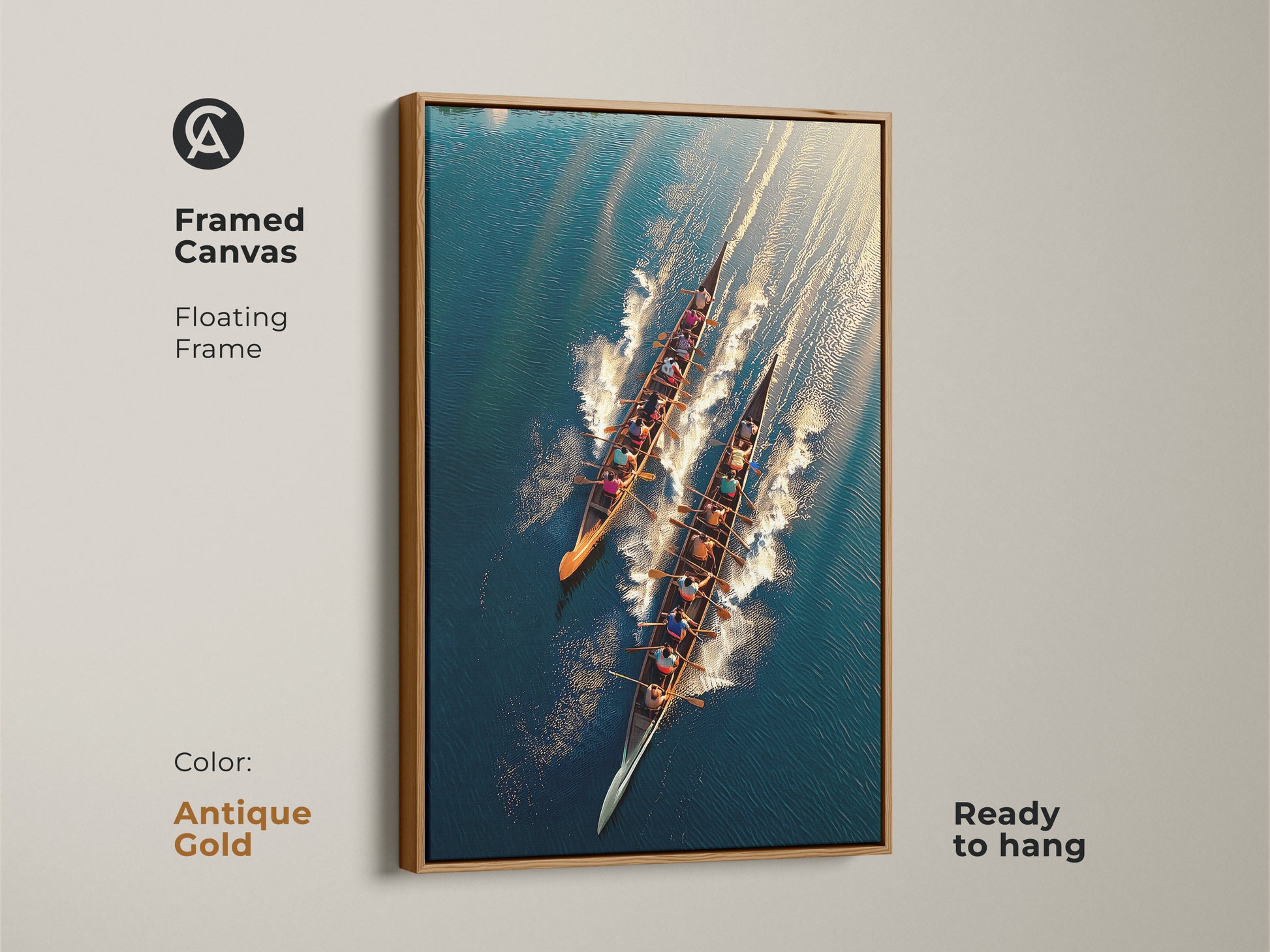 Framed canvas with an antique gold floating frame showcasing rowing team art. The aerial view sports art embodies teamwork and competition. Ready to hang. Perfect for office wall decor. The teal blue and gold tones add sophistication. Ideal for rowers and sports enthusiasts.