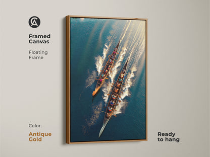Framed canvas with an antique gold floating frame showcasing rowing team art. The aerial view sports art embodies teamwork and competition. Ready to hang. Perfect for office wall decor. The teal blue and gold tones add sophistication. Ideal for rowers and sports enthusiasts.