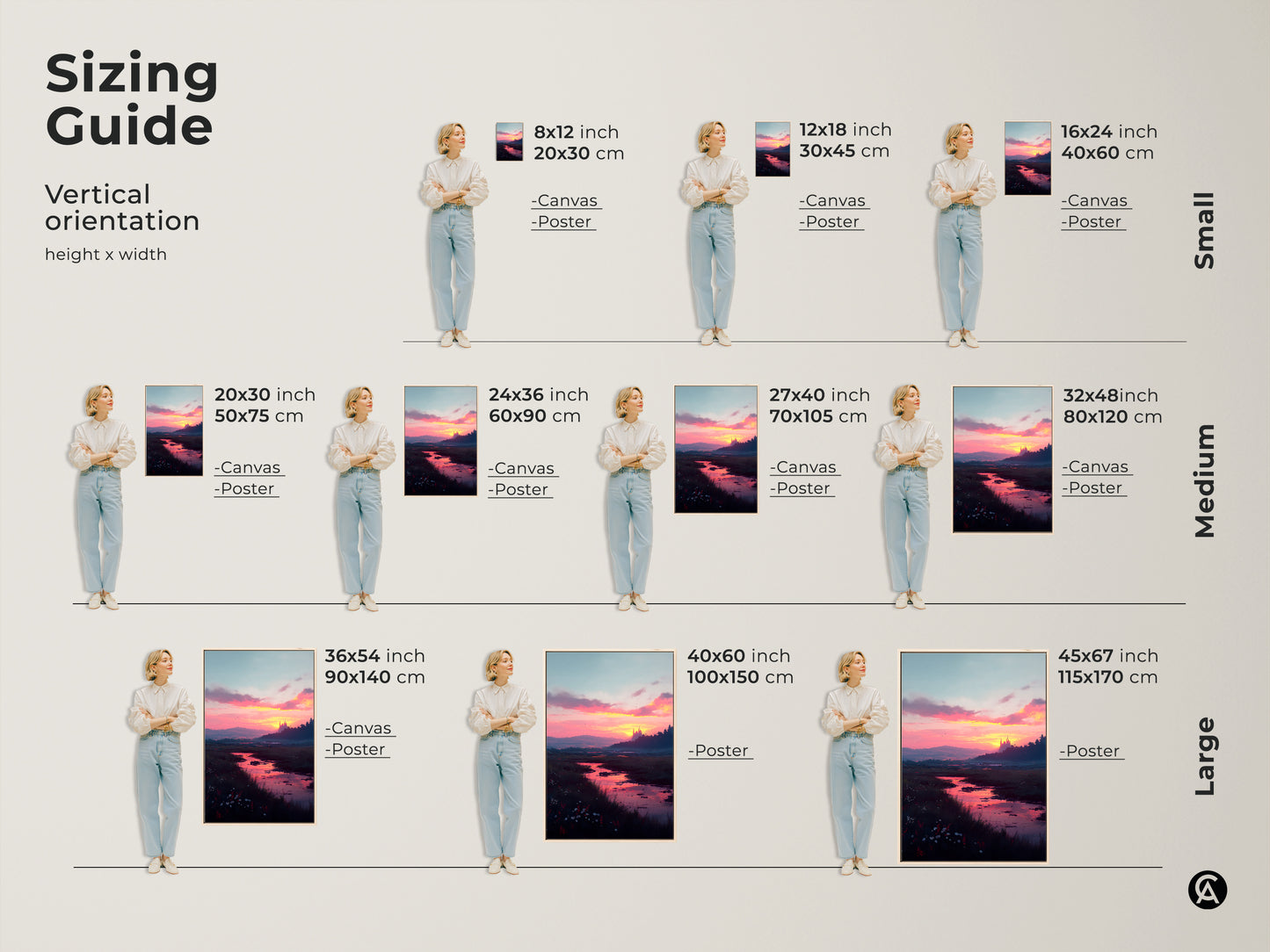 Sizing guide for vertical sunset river landscape art. Available as canvas or poster in various sizes. Find the perfect fit for your space from small to large showcasing a scenic river and sunset.
