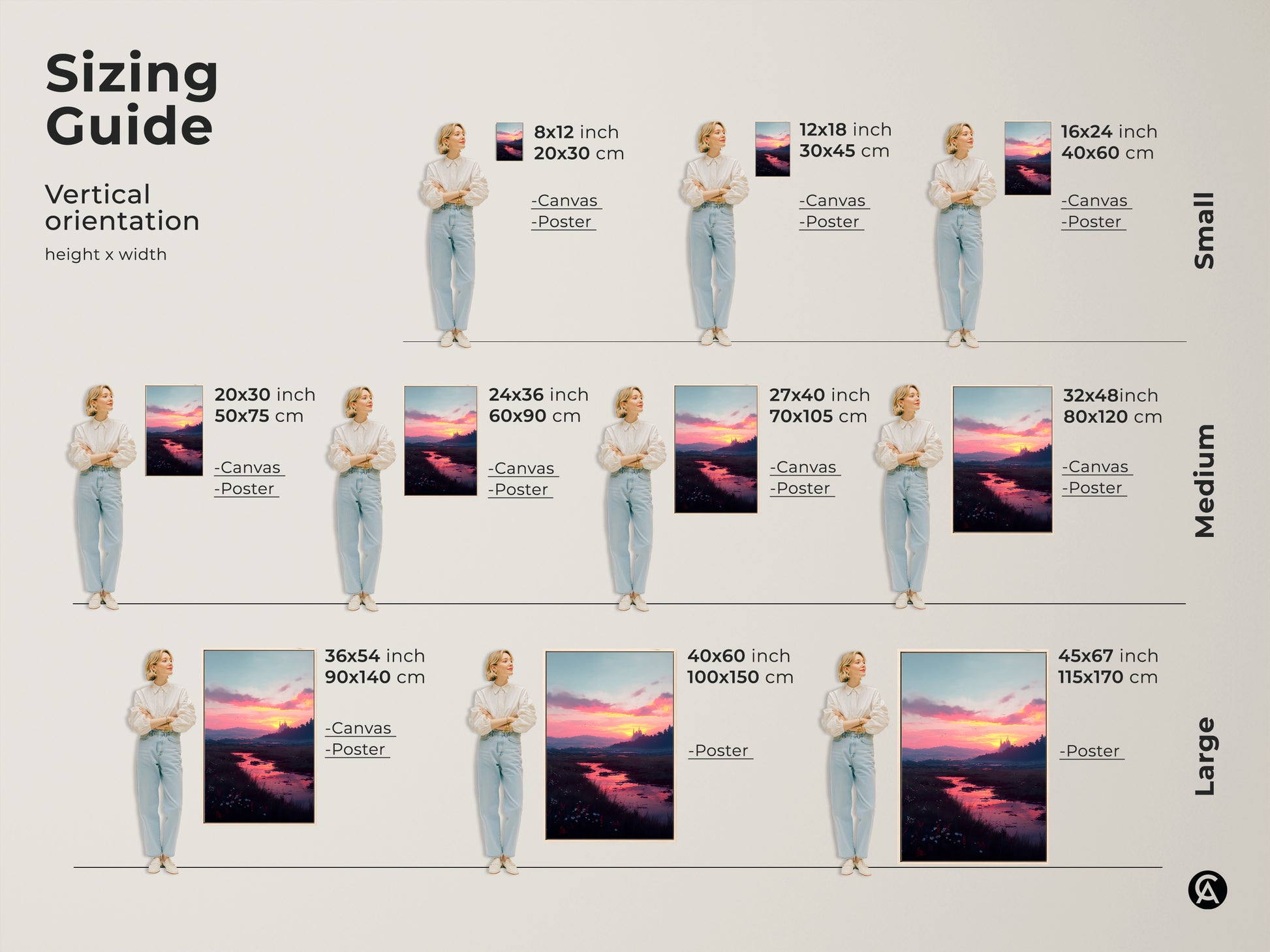 Sizing guide for vertical sunset river landscape art. Available as canvas or poster in various sizes. Find the perfect fit for your space from small to large showcasing a scenic river and sunset.