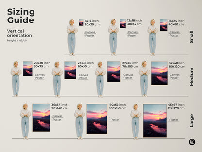 Sizing guide for vertical sunset river landscape art. Available as canvas or poster in various sizes. Find the perfect fit for your space from small to large showcasing a scenic river and sunset.