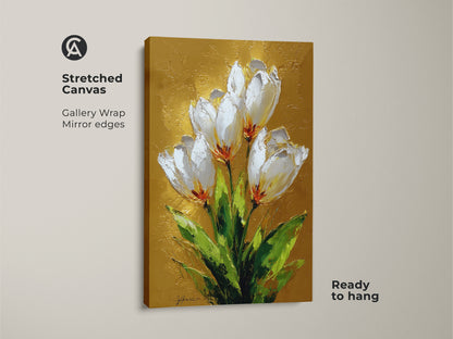Gallery wrapped stretched canvas featuring white tulips with a textured gold background. This floral print adds a touch of luxury to any space. Ready to hang with mirrored edges.