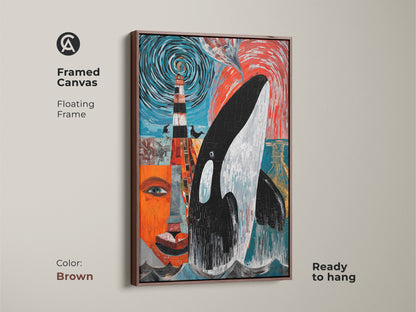 Framed Canvas featuring a black floating frame. This abstract Orca whale art has a mosaic lighthouse in an ocean theme. The eclectic home decor piece is perfect as a housewarming gift for ocean lovers. This artwork is printed in teal orange & black.