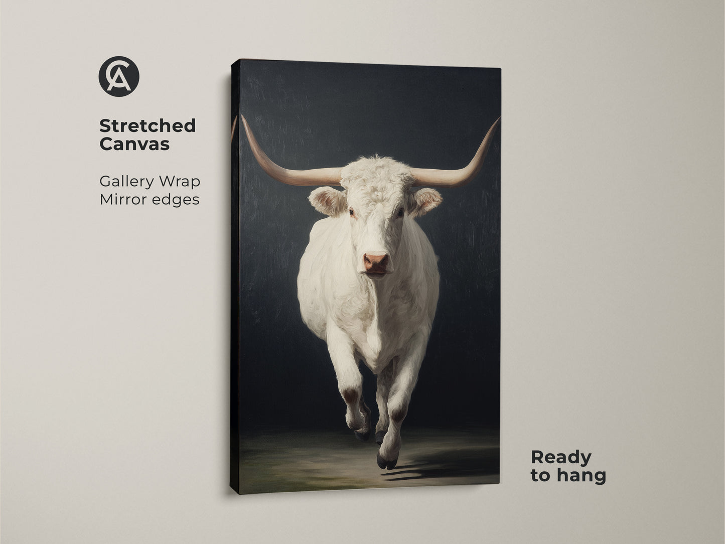 Close up of the Stretched Canvas. The realistic bull wall decor has gallery wrap mirror edges. The farmhouse cattle print comes ready to hang. It's a perfect western wildlife artwork for neutral farm animal print lovers.