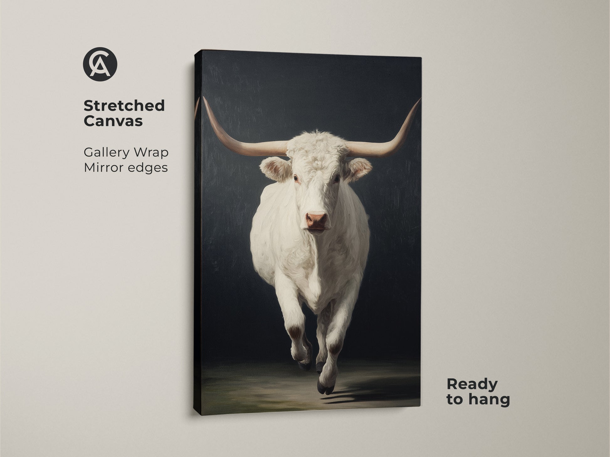 Close up of the Stretched Canvas. The realistic bull wall decor has gallery wrap mirror edges. The farmhouse cattle print comes ready to hang. It's a perfect western wildlife artwork for neutral farm animal print lovers.