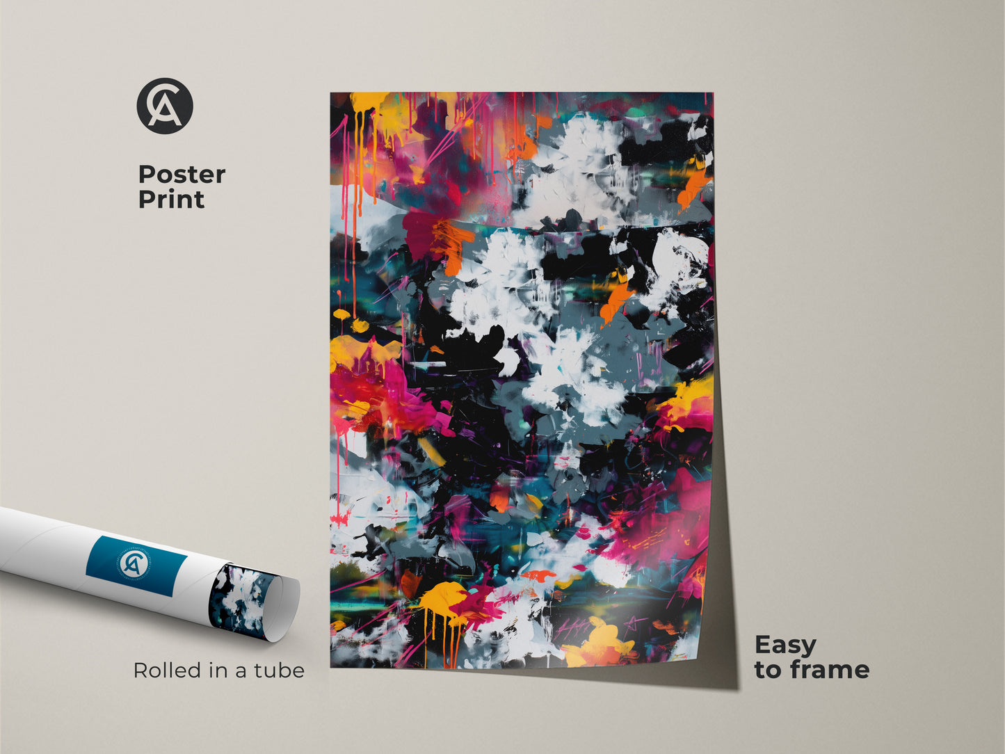 Poster print of abstract artwork rolled in a tube ready to frame. The vivid colors and dynamic composition make it a striking addition to any space. Elevate your home decor with this easy-to-frame piece of modern art.