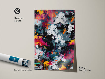 Poster print of abstract artwork rolled in a tube ready to frame. The vivid colors and dynamic composition make it a striking addition to any space. Elevate your home decor with this easy-to-frame piece of modern art.