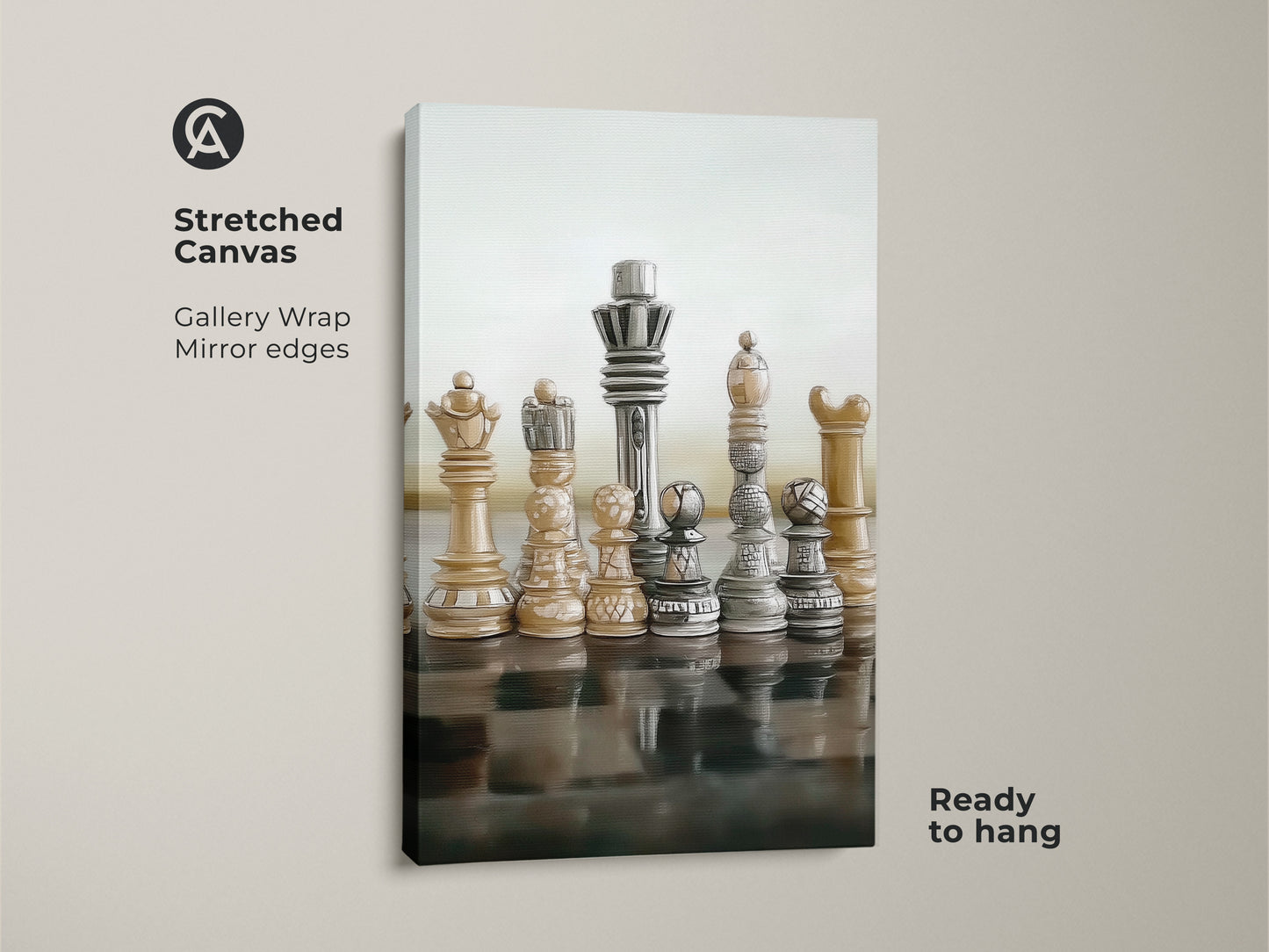 Modern abstract chess art displayed on a stretched canvas ready to hang. Realistic King and Queen canvas wall art brings strategy to life in beige brown gray. Ideal for office decor it serves as sophisticated strategy games decor. It's a great gift for chess players adding intellectual charm.