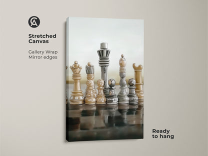 Modern abstract chess art displayed on a stretched canvas ready to hang. Realistic King and Queen canvas wall art brings strategy to life in beige brown gray. Ideal for office decor it serves as sophisticated strategy games decor. It's a great gift for chess players adding intellectual charm.