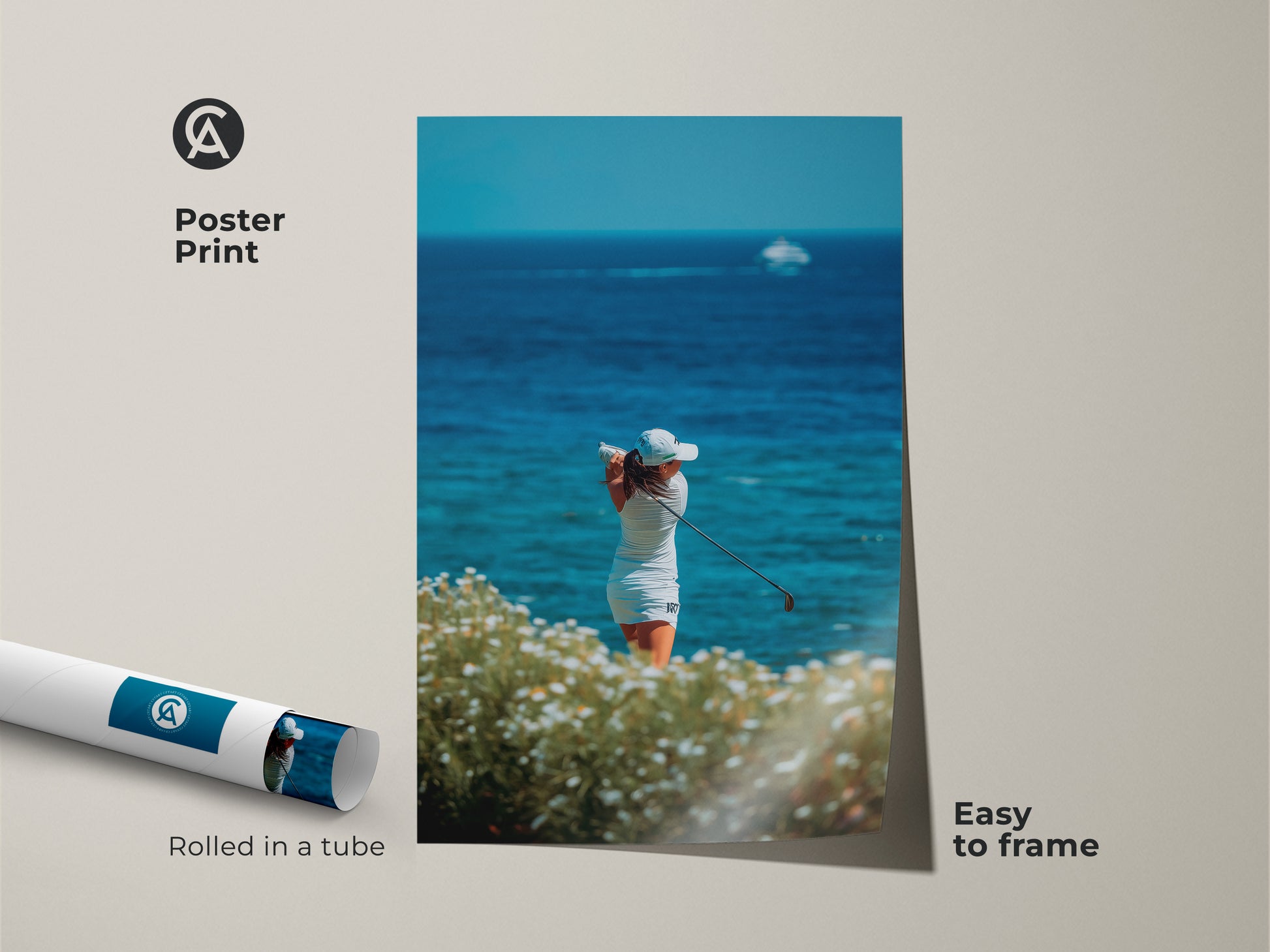 Golf poster print for wall decor. This poster features a female golfer teeing off. She is with the ocean in the background. This golf artwork is easy to frame. It arrives rolled in a protective tube for safe shipping.