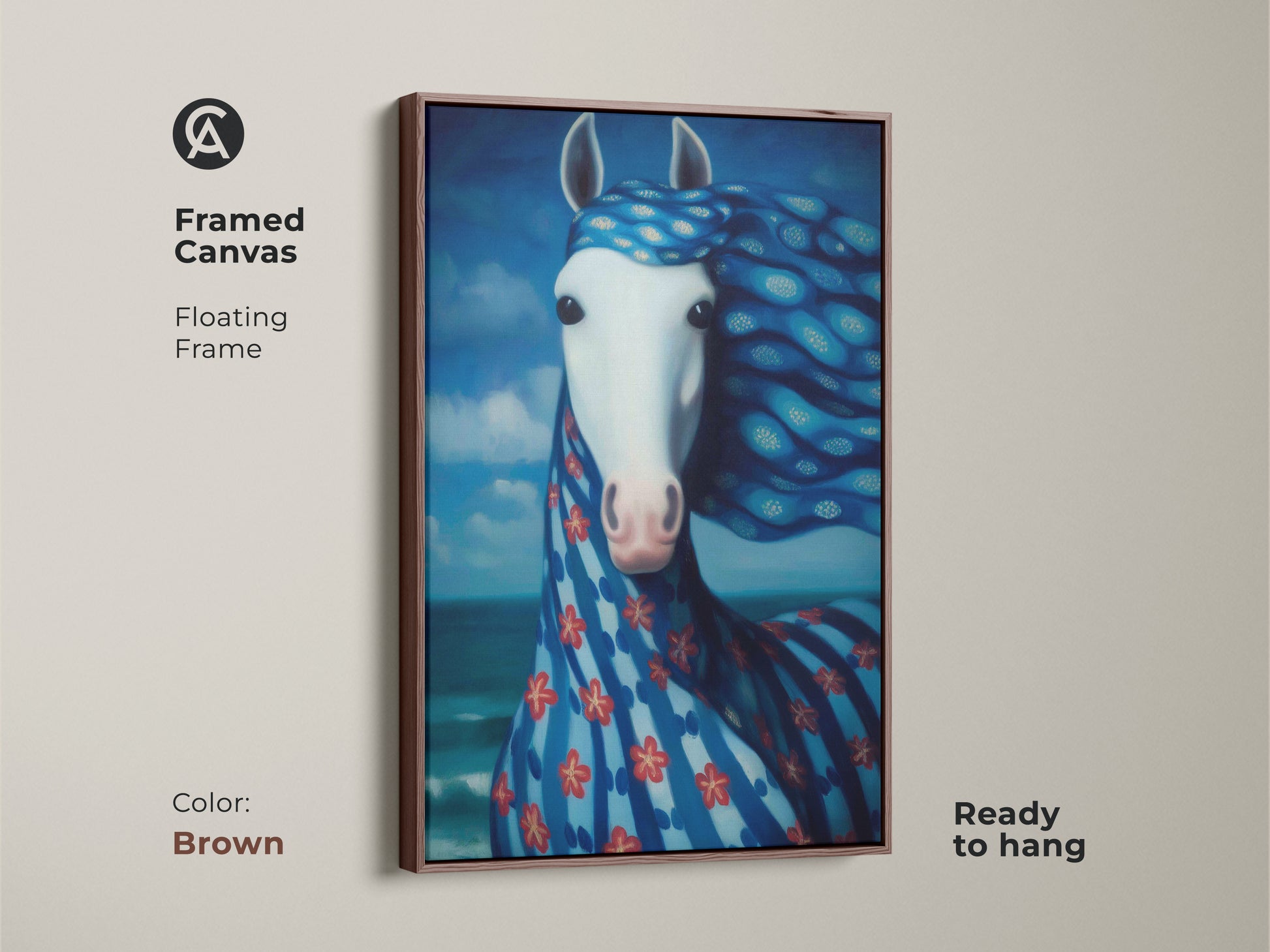 Framed canvas showcasing a surreal blue horse in a brown floating frame. The artistic animal canvas is ready to hang. Perfect for equestrian decor. A unique bedroom art piece.