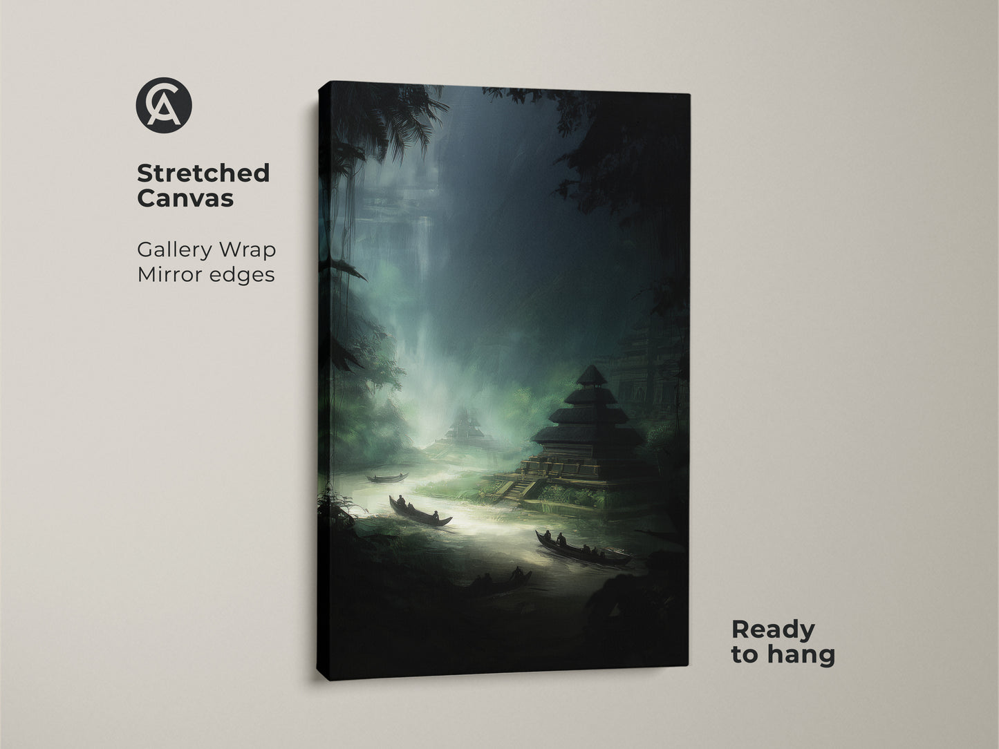 Stretched canvas print of an emerald jungle temple. The forest green river landscape art has gallery wrap mirror edges. This mystical jungle scene artwork is ready to hang. Perfect housewarming gift exotic art for office decor or a study room wall.