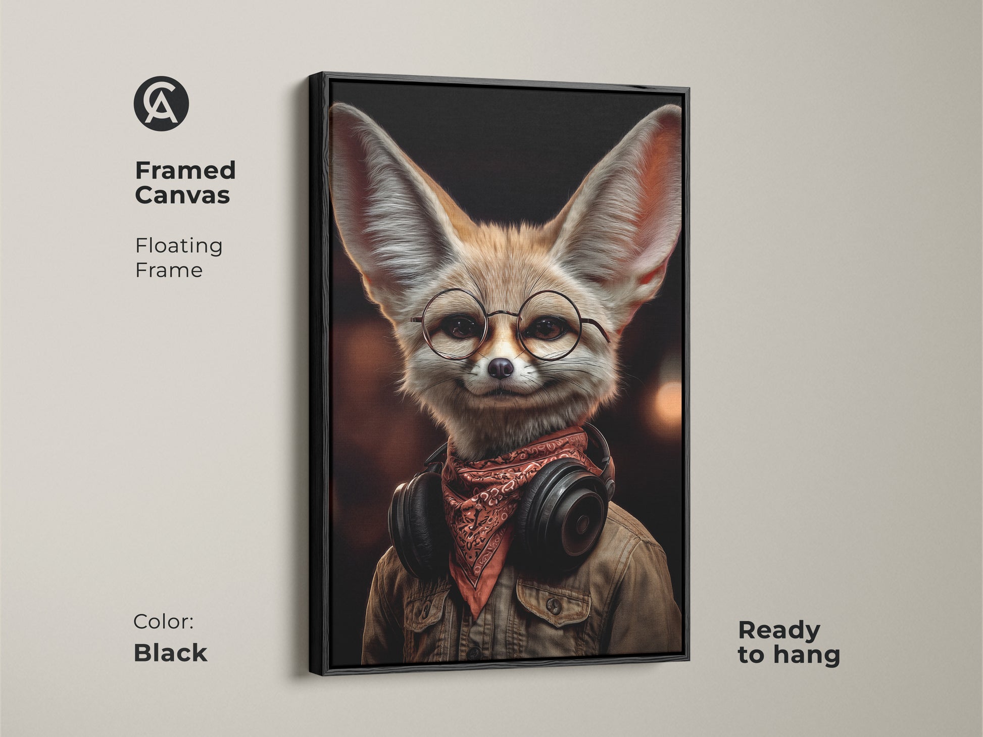 Framed canvas art print of a Fennec Fox wearing headphones and glasses. The black floating frame is ready to hang. This retro-style artwork brings a vintage character to any office or living room. The perfect music themed gift.