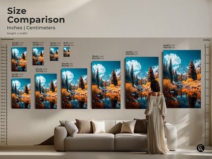 Compare sizes and visualize the impact of this mountain landscape artwork. See how different dimensions enhance your space. Artwork is available in various sizes and formats to suit your needs.