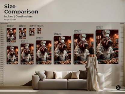Size comparison featuring the hippo chef artwork. The canvas print and poster options make it perfect for any room. It provides a unique and customizable anthropomorphic touch. This dining room wall decor is a thoughtful gift for bakers.