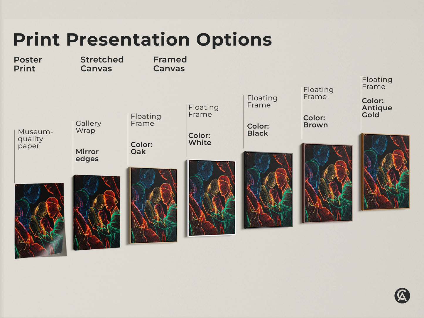 Explore print presentation options for neon line art. Choose from poster print stretched canvas or framed canvas. Options include gallery wrap museum-quality edges and floating frames in colors like black brown antique gold white and oak.
