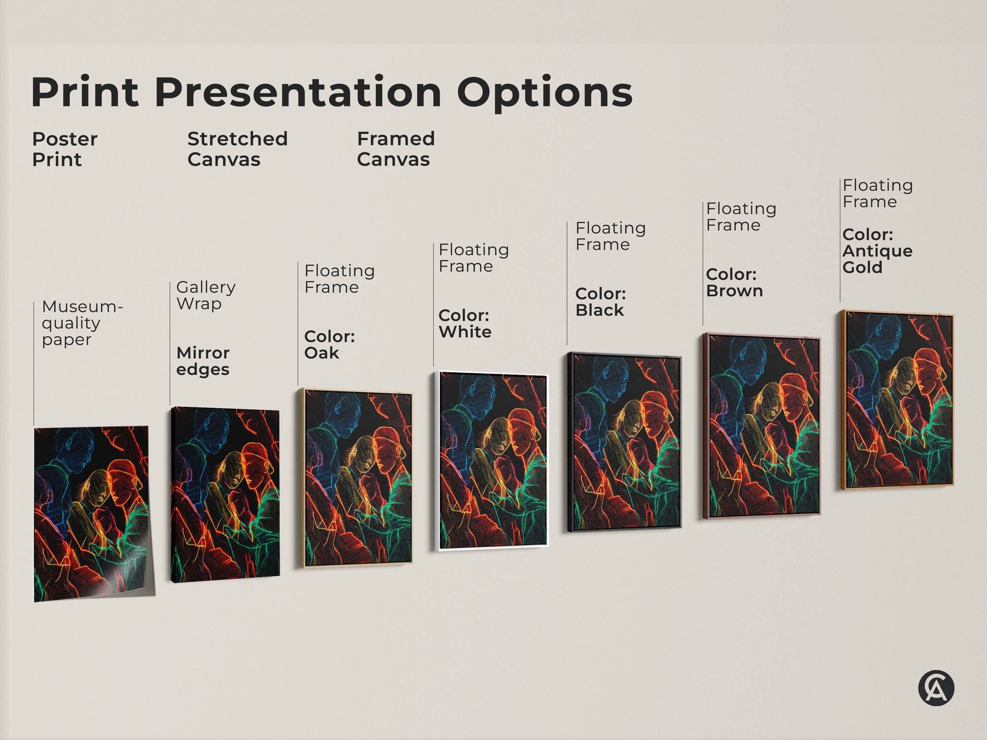 Explore print presentation options for neon line art. Choose from poster print stretched canvas or framed canvas. Options include gallery wrap museum-quality edges and floating frames in colors like black brown antique gold white and oak.
