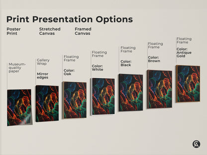 Explore print presentation options for neon line art. Choose from poster print stretched canvas or framed canvas. Options include gallery wrap museum-quality edges and floating frames in colors like black brown antique gold white and oak.