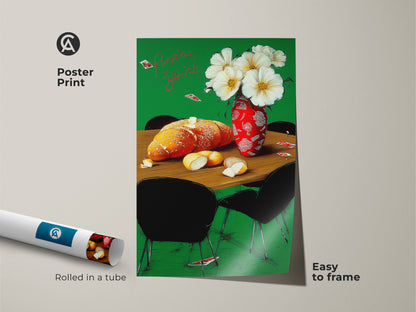 A poster print of a French bakery still life rolled in a tube. The artwork shows bread and white flowers in a red vase. This eclectic folk art decor is easy to frame for kitchen or dining room wall art.