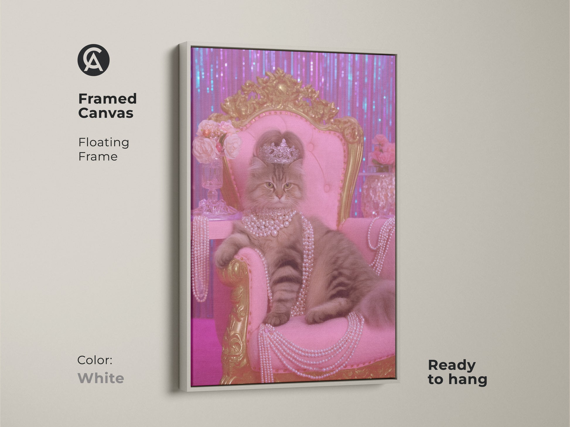Framed canvas featuring a crowned cat on a pink throne with a white floating frame. This glam cat wall art adds elegance to any space. It is ready to hang. This luxury cat decor makes a unique cat mom gift. Shop now for this animal royalty art perfect for eclectic bedroom decor.