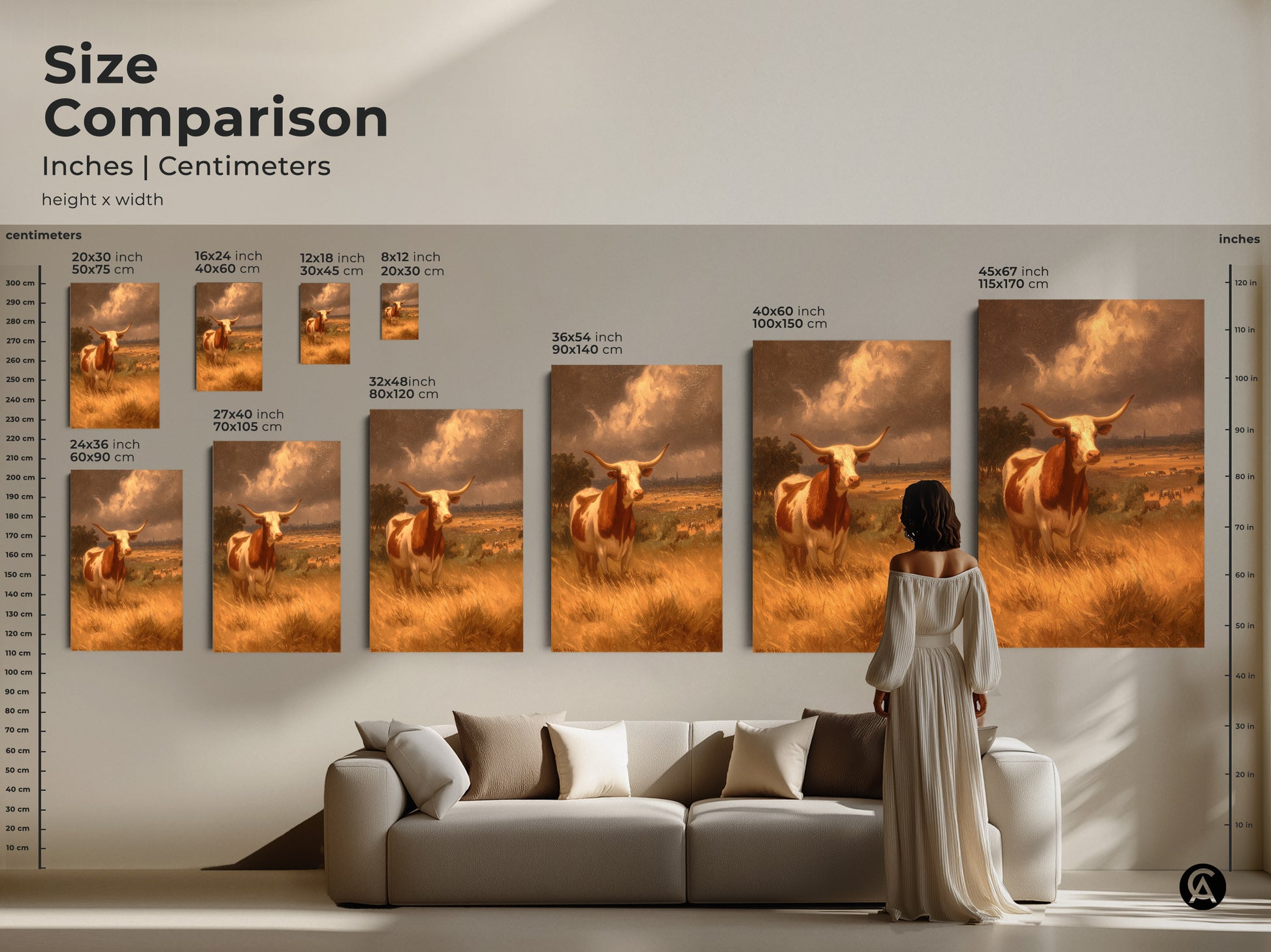 Compare sizes and envision the impact of this Longhorn art. See how various dimensions fit above a sofa or in different rooms. From 20x30 inch prints to impressive 45x67 inch canvases. Our size comparison guide helps you make the perfect choice. Elevate your home decor effortlessly.