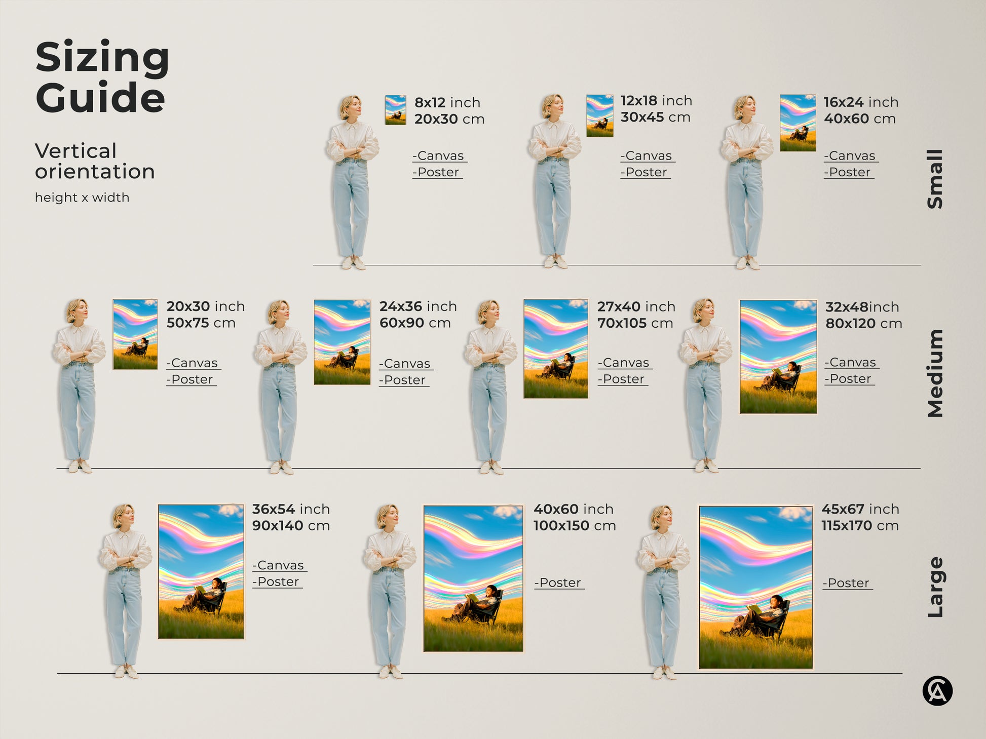 Sizing guide for surreal reading wall art. See how this abstract nature canvas fits in various vertical orientations. Visualize the person reading art in sizes from small to large. Perfect for adding a boho touch to any space choose the ideal size.