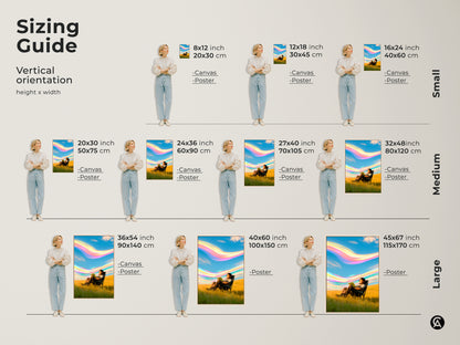 Sizing guide for surreal reading wall art. See how this abstract nature canvas fits in various vertical orientations. Visualize the person reading art in sizes from small to large. Perfect for adding a boho touch to any space choose the ideal size.