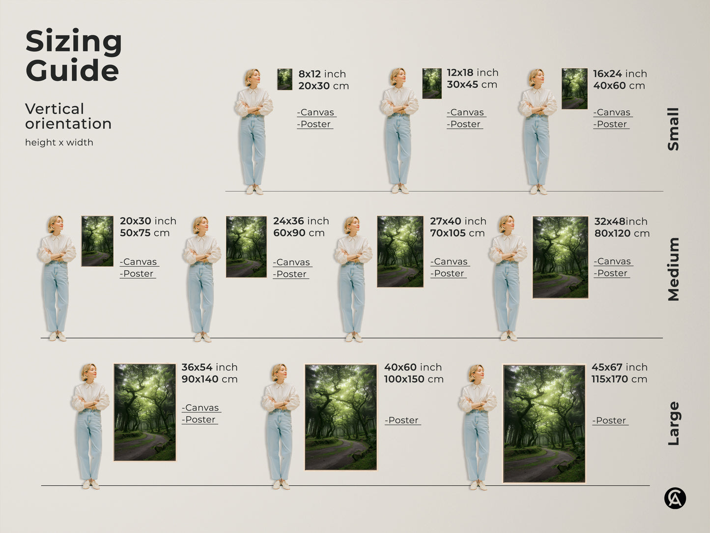 Sizing guide for vertical orientation misty forest artwork. See how the canvas and poster prints look in various sizes. Visualize the emerald green trees and winding path in your space. Find the perfect fit for your nature landscape artwork and bohemian home art