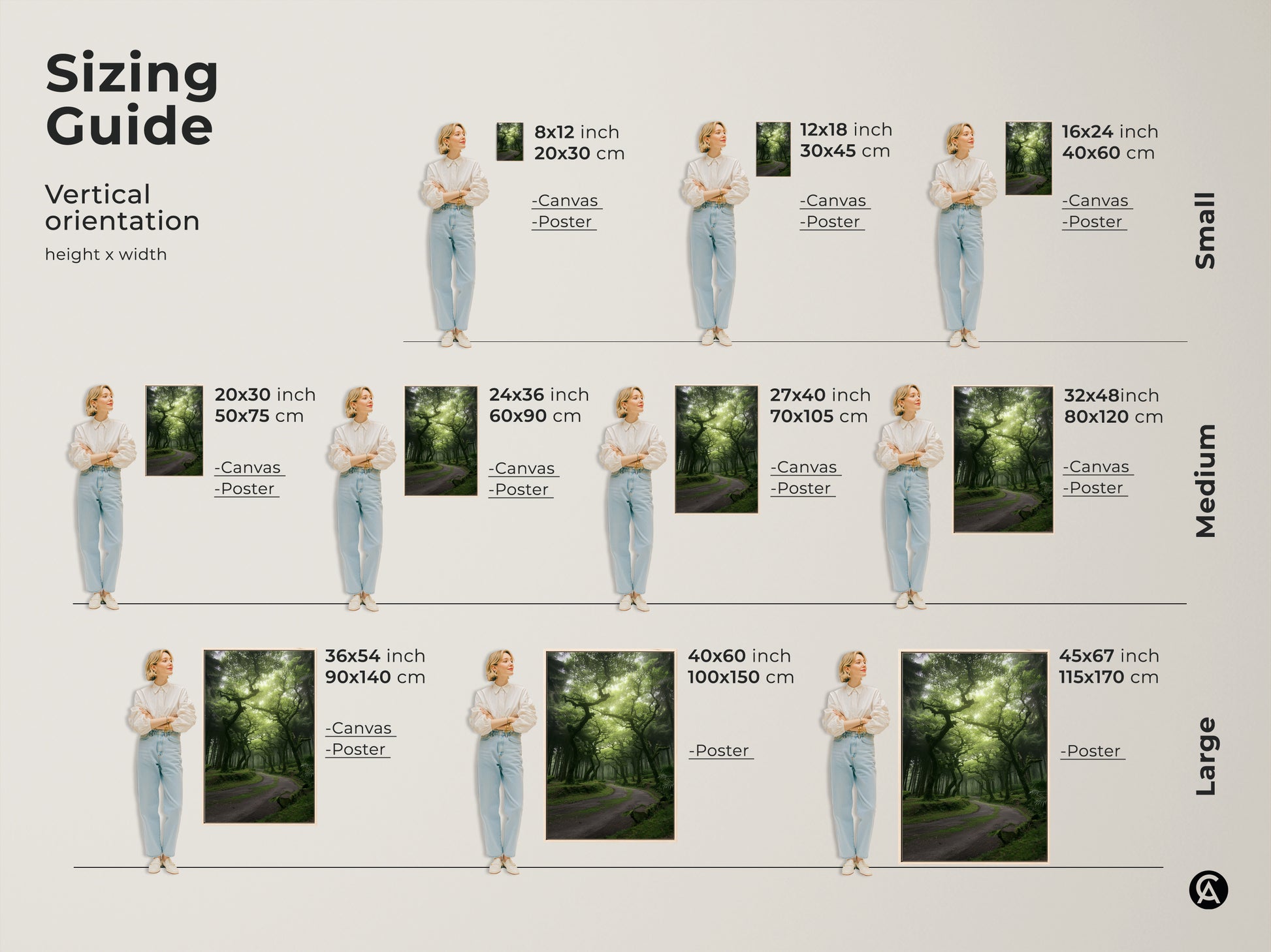 Sizing guide for vertical orientation misty forest artwork. See how the canvas and poster prints look in various sizes. Visualize the emerald green trees and winding path in your space. Find the perfect fit for your nature landscape artwork and bohemian home art