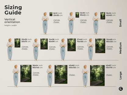 Sizing guide for vertical orientation misty forest artwork. See how the canvas and poster prints look in various sizes. Visualize the emerald green trees and winding path in your space. Find the perfect fit for your nature landscape artwork and bohemian home art