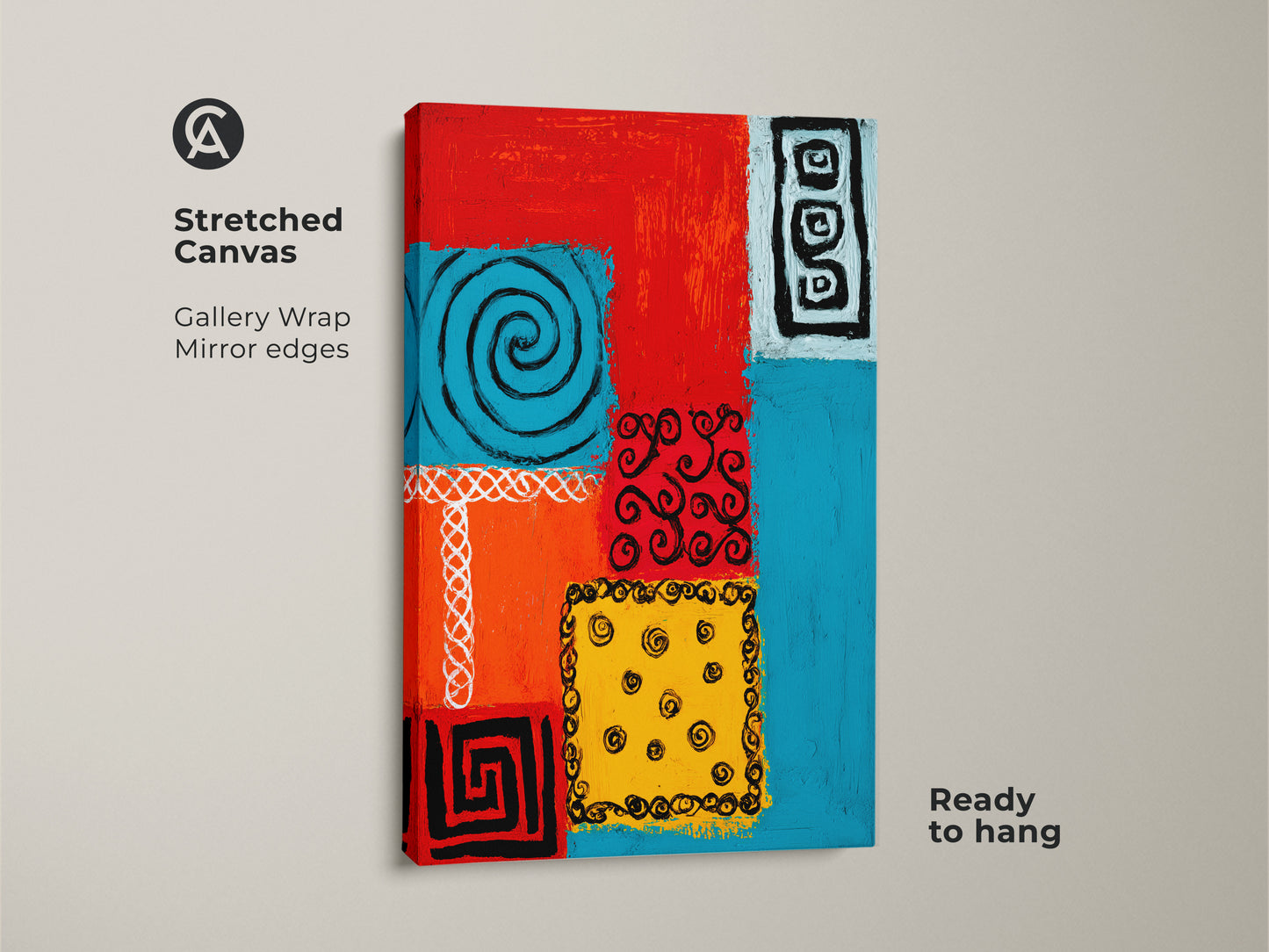 Elevate your space with this striking abstract folk art canvas. It features tribal symbols and spiral art in red orange and blue. Perfect as eclectic wall art this modern geometric painting comes ready to hang. The gallery wrapped canvas enhances any living room decor with its bold spiral motifs.
