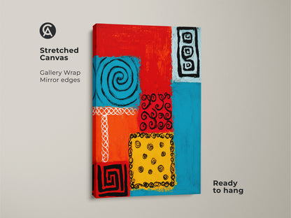 Elevate your space with this striking abstract folk art canvas. It features tribal symbols and spiral art in red orange and blue. Perfect as eclectic wall art this modern geometric painting comes ready to hang. The gallery wrapped canvas enhances any living room decor with its bold spiral motifs.