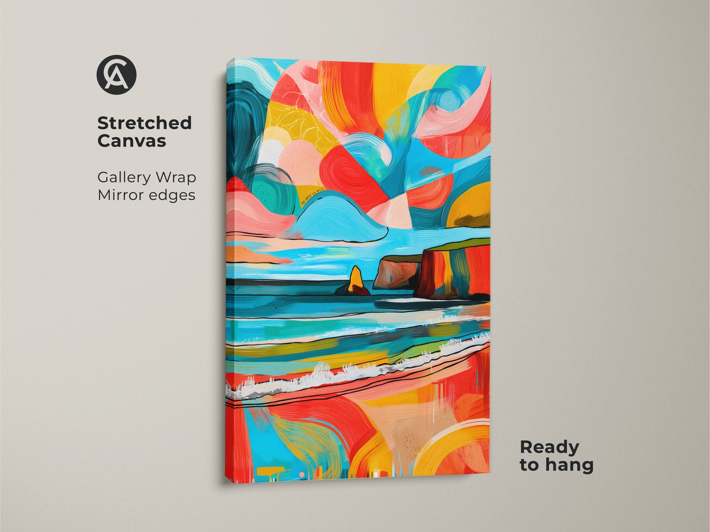 Stretched canvas featuring abstract coastal artwork. Gallery wrapped with mirror edges makes it ready to hang. Vibrant teal yellow and coral blend creates an ocean waves & cliffs art. Elevate your space with this eclectic beach house decor.