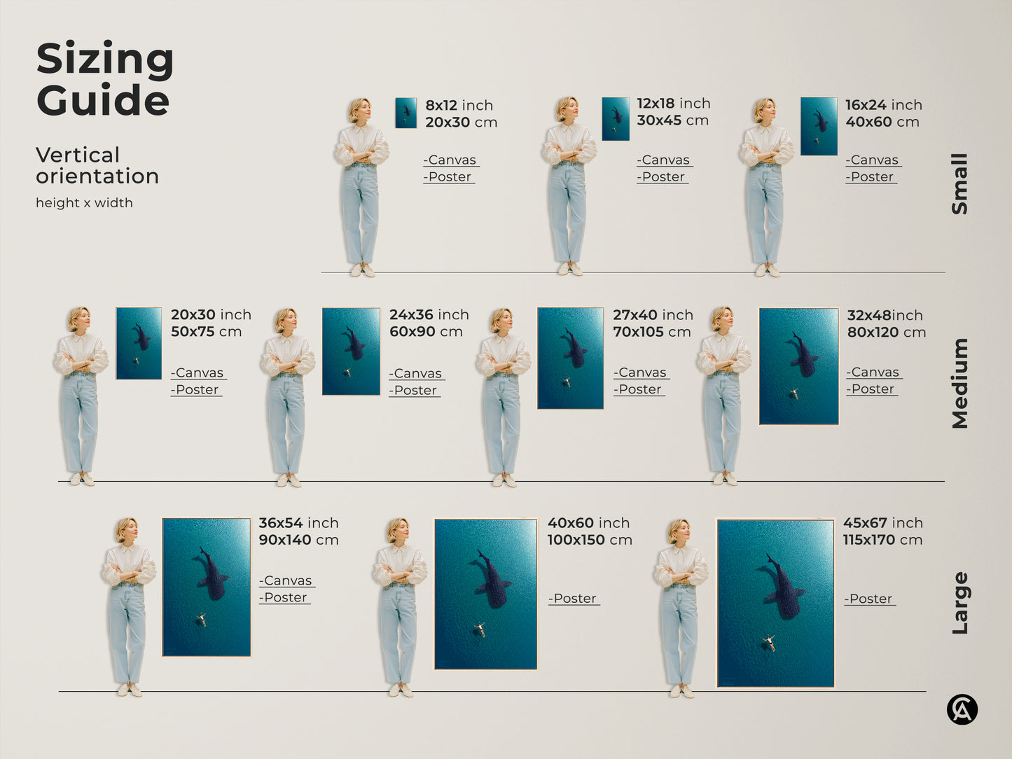 Sizing guide for ocean art featuring a swimmer and whale shark aerial view. Available in small medium and large canvas or poster options. Find the perfect fit for your coastal wall decor needs. Deep blue turquoise tones enhance any space.