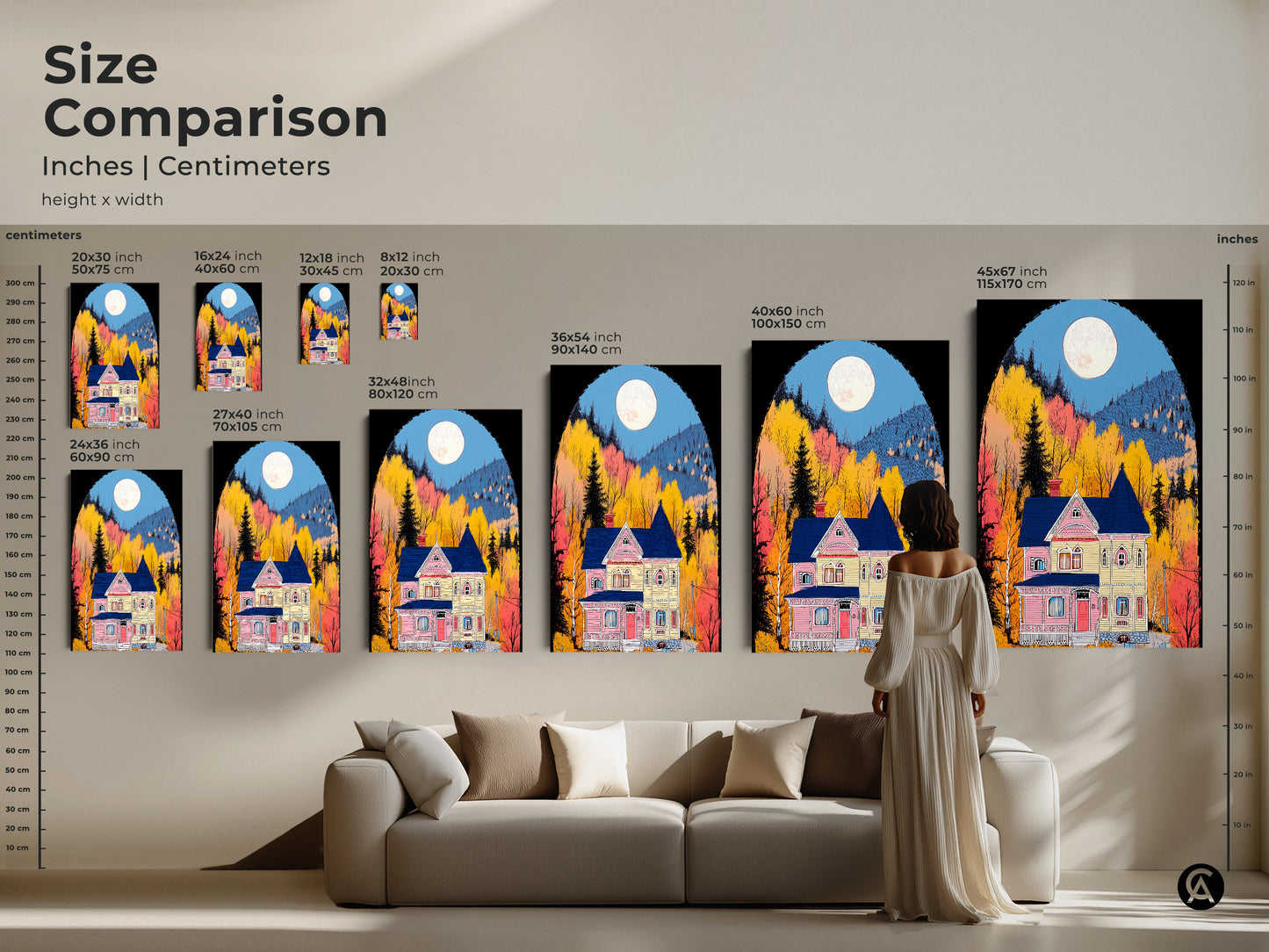 Size comparison of a folk art Victorian house print in inches and centimeters. See how different sizes fit above a sofa. Perfect wall art for a new homeowner present an eclectic home decor or a cozy housewarming gift.