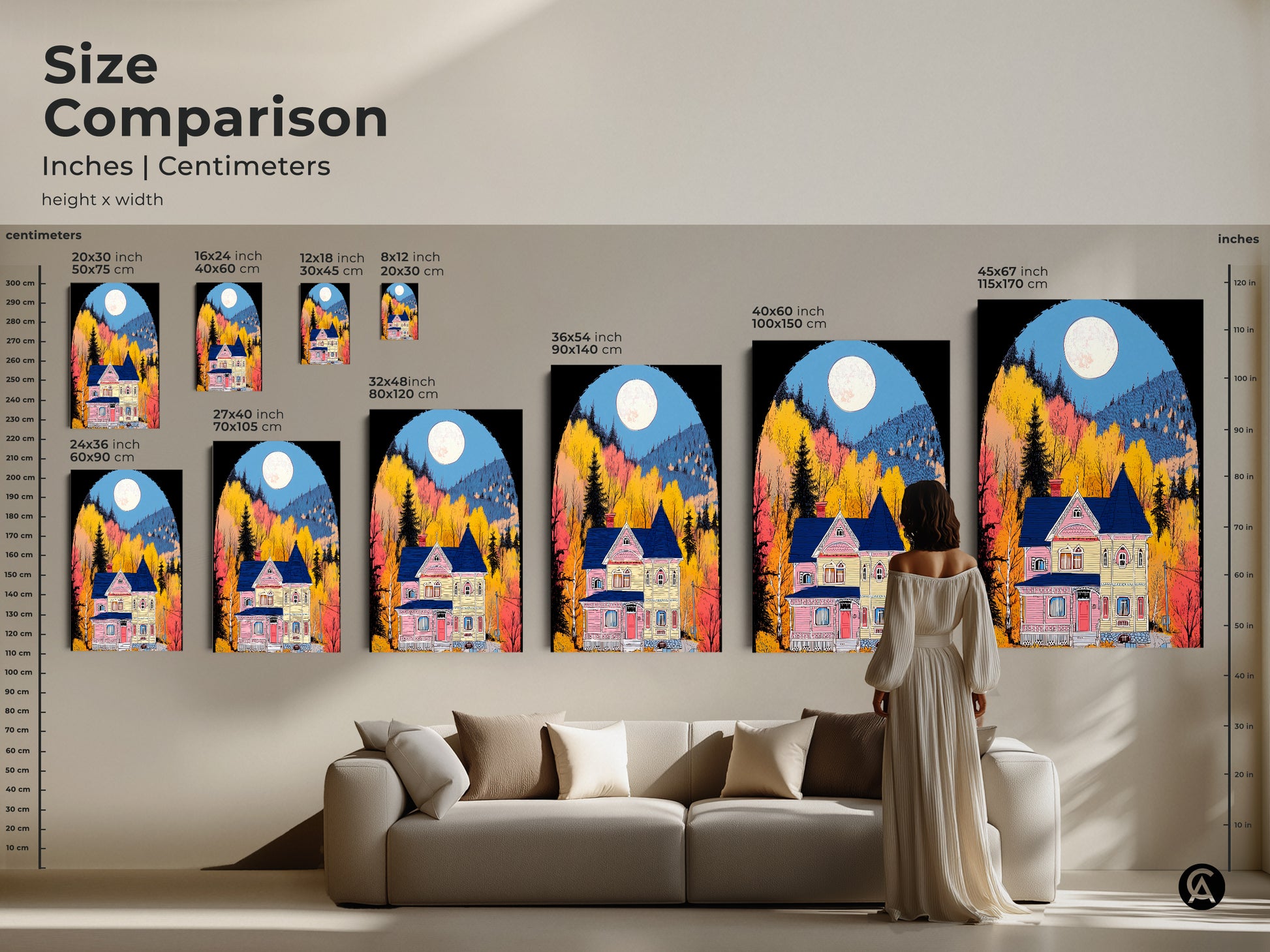 Size comparison of a folk art Victorian house print in inches and centimeters. See how different sizes fit above a sofa. Perfect wall art for a new homeowner present an eclectic home decor or a cozy housewarming gift.