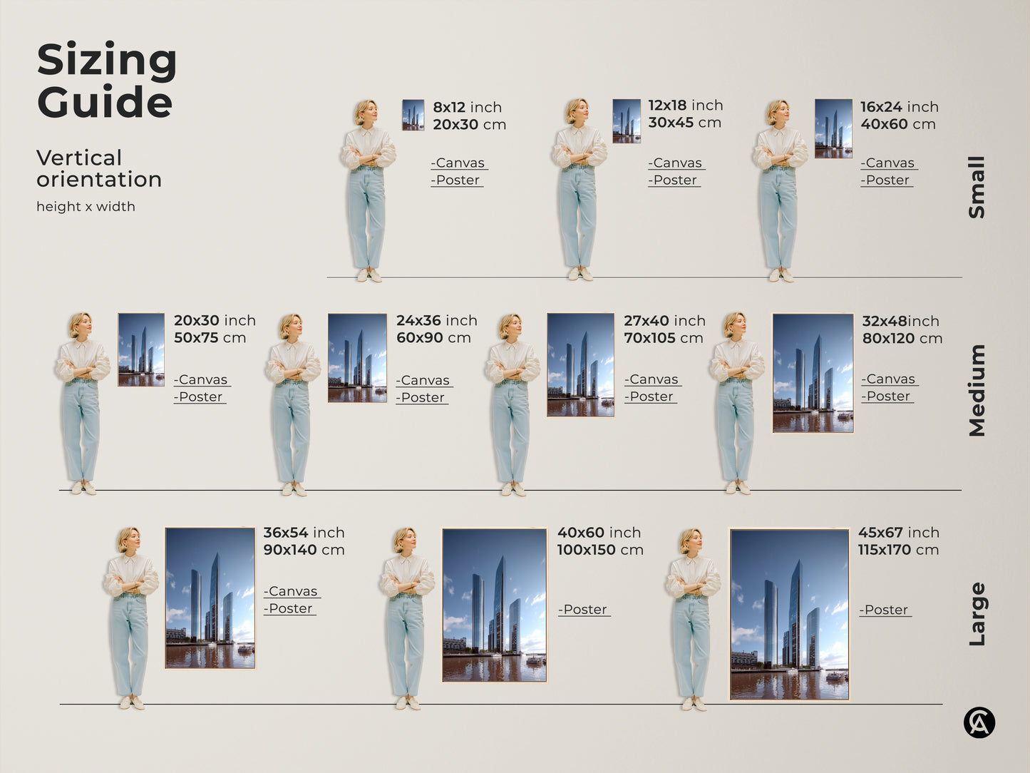 Sizing guide for vertical modern cityscape wall art. Find the perfect fit from small to large sizes on canvas or poster. Steel blue and gray tones complement minimalist city decor adding sophistication to any space.