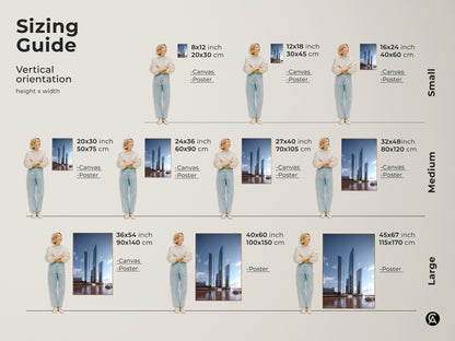 Sizing guide for vertical modern cityscape wall art. Find the perfect fit from small to large sizes on canvas or poster. Steel blue and gray tones complement minimalist city decor adding sophistication to any space.