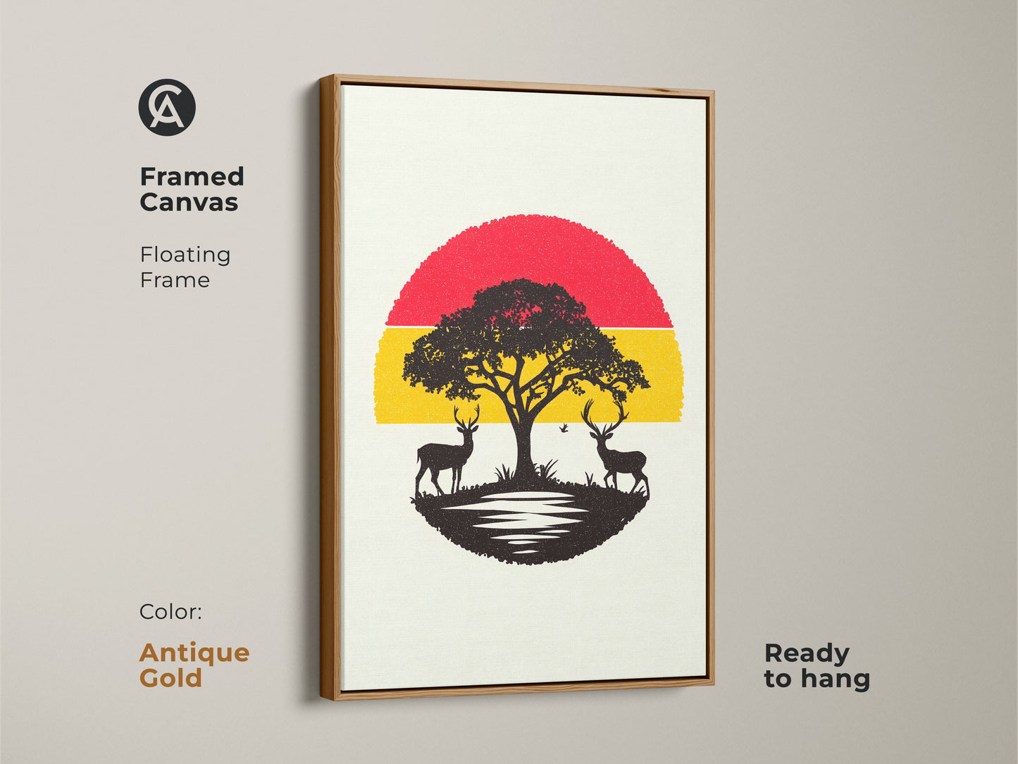 Antique gold framed canvas presents a minimalist nature scene. The red and yellow abstract sunset art includes a black acacia tree and deer. This contemporary landscape art is ready to hang. A scenic view canvas for nature enthusiasts.