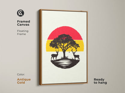 Antique gold framed canvas presents a minimalist nature scene. The red and yellow abstract sunset art includes a black acacia tree and deer. This contemporary landscape art is ready to hang. A scenic view canvas for nature enthusiasts.