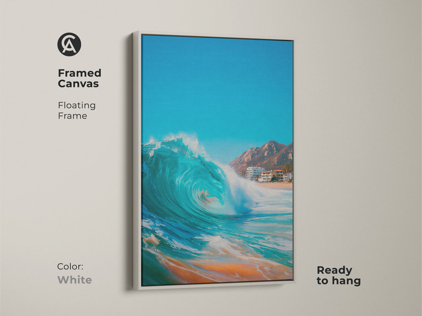 Framed canvas art displaying a vibrant ocean wave. White floating frame complements this beach art. The canvas artwork is ready to hang. A calming addition to any space.