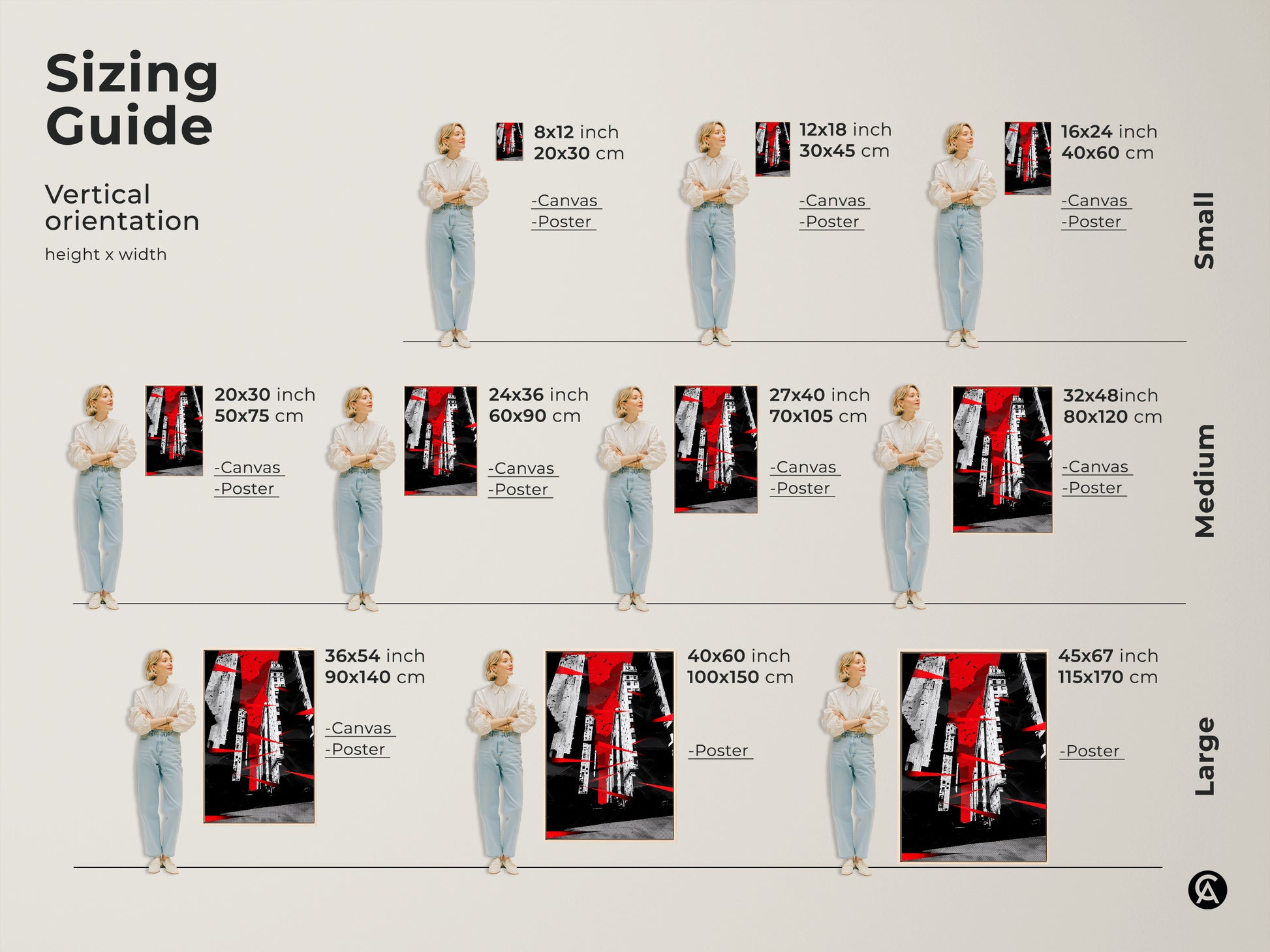 Sizing guide for vertical abstract cityscape artwork. Various sizes available on canvas and poster. This red black and white buildings art complements any space. Find the perfect fit for your contemporary home modern office or as a thoughtful housewarming gift.