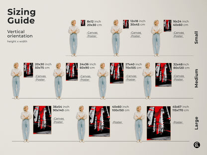 Sizing guide for vertical abstract cityscape artwork. Various sizes available on canvas and poster. This red black and white buildings art complements any space. Find the perfect fit for your contemporary home modern office or as a thoughtful housewarming gift.
